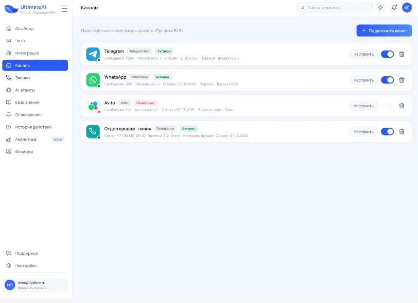 Каналы подключены к одному контуру: WhatsApp, Telegram, Max, Avito