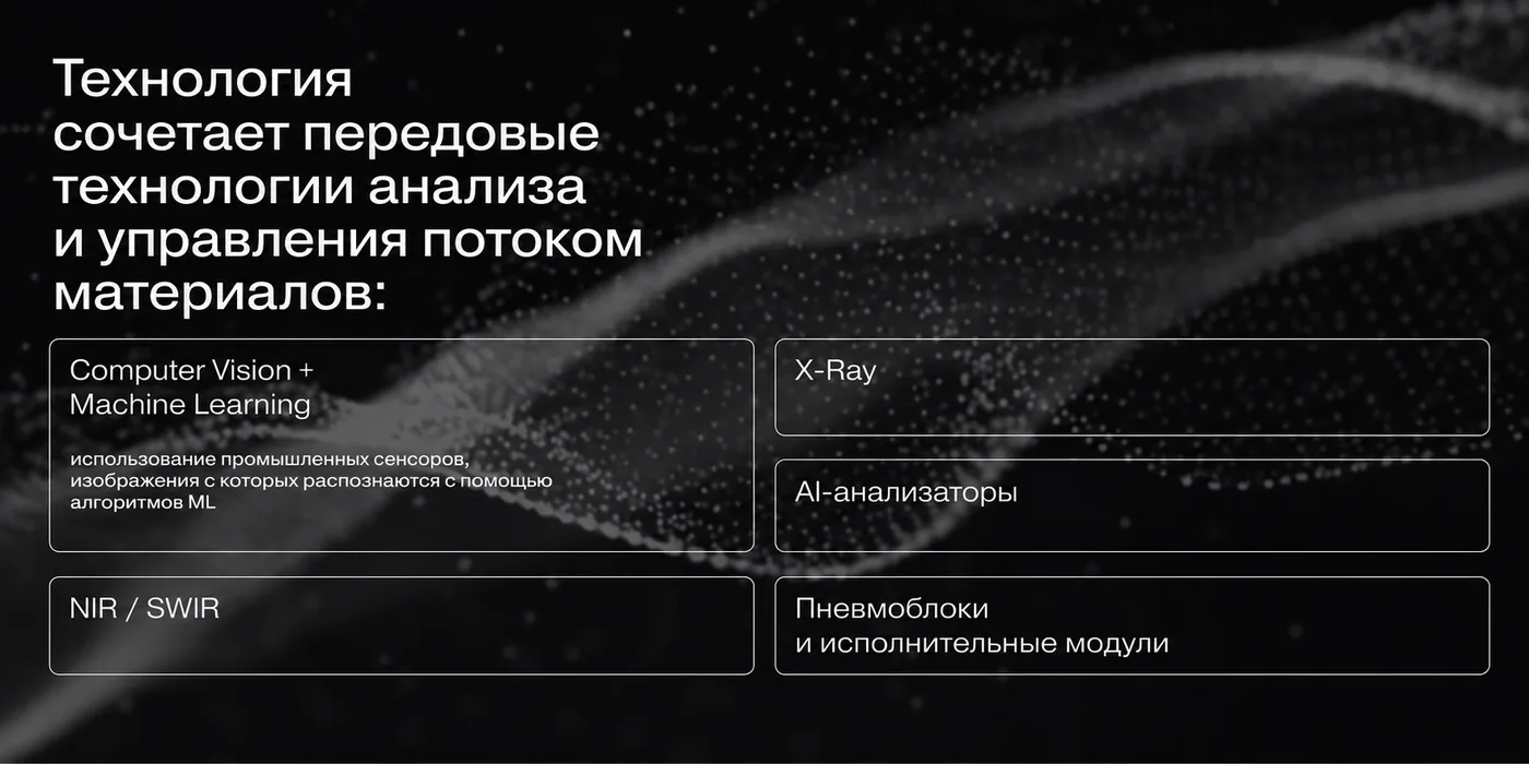 Технологический стек: Computer Vision + ML, NIR/SWIR, X-Ray, AI-анализаторы, пневмоблоки